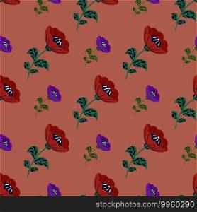 Decorative seamless pattern with purple and red colored vintage flowers shapes. Pink pale background. Perfect for fabric design, textile print, wrapping, cover. Vector illustration.. Decorative seamless pattern with purple and red colored vintage flowers shapes. Pink pale background.