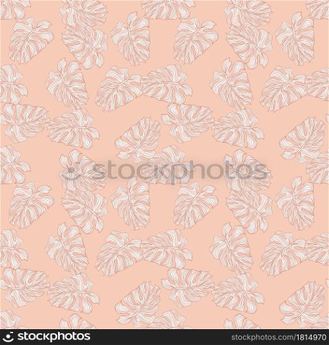 Decorative seamless pattern with random little monstera outline shapes. Pink pastel background. Decorative backdrop for fabric design, textile print, wrapping, cover. Vector illustration.. Decorative seamless pattern with random little monstera outline shapes. Pink pastel background.