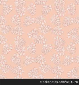Decorative seamless pattern with random little monstera outline shapes. Pink pastel background. Decorative backdrop for fabric design, textile print, wrapping, cover. Vector illustration.. Decorative seamless pattern with random little monstera outline shapes. Pink pastel background.