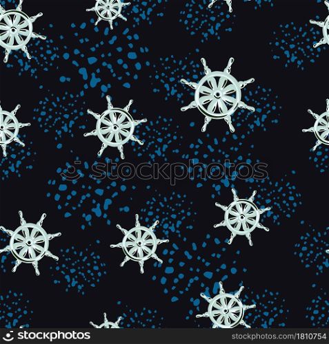 Decorative seamless pattern with random ship rudder ornament. Black background with blue splashes. Designed for fabric design, textile print, wrapping, cover. Vector illustration.. Decorative seamless pattern with random ship rudder ornament. Black background with blue splashes.