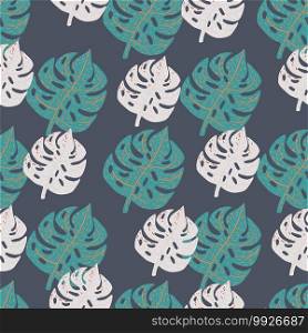 Decorative seamless pattern with tropical monstera foliages shapes. Green and white leaves on purple background. Great for fabric design, textile print, wrapping, cover. Vector illustration.. Decorative seamless pattern with tropical monstera foliages shapes. Green and white leaves on purple background.