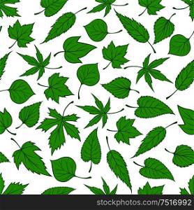 Decorative seamless spring nature pattern with ornament of sunny green young tree leaves randomly scattered over white background. May be used as retro wallpaper, backdrop fills, fabric design. Spring green leaves seamless pattern background