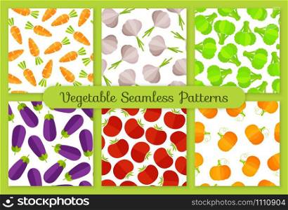 Decorative seamless vegetable pattern collection. Retro style trendy background ornament set with carrot, garlic and eggplant, tomato and broccoli vegetables in bright colors at vector illustration.. Colorful flat vegetables seamless pattern set