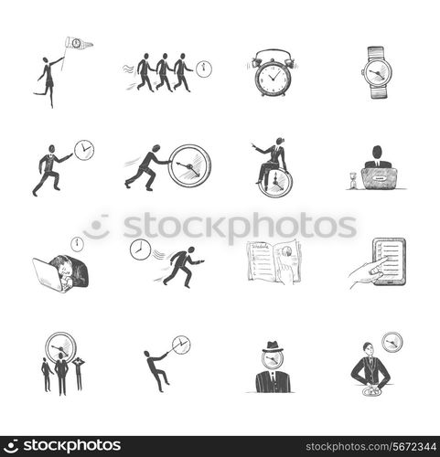 Decorative set of sketch time management icons with working people with clocks isolated vector illustration