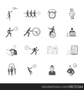 Decorative set of sketch time management icons with working people with clocks isolated vector illustration