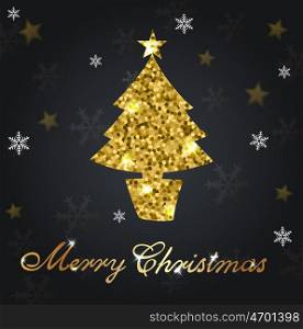 Decorative shining background with golden glitter Christmas tree. Design for Christmas card.