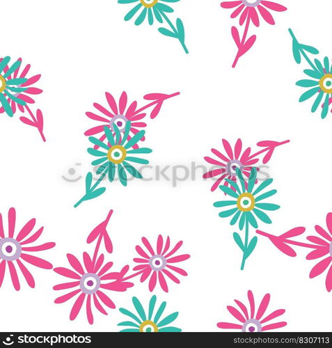 Decorative simple chamomile flower seamless pattern. Simple floral endless background. Stylized design for fabric, textile print, wrapping, cover. Vector illustration. Decorative simple chamomile flower seamless pattern. Simple floral endless background.