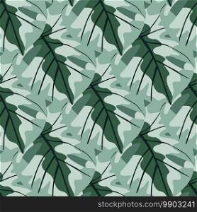 Decorative simple tropical ornament with pastel blue monstera silhouettes. Blue and green soft vintage shapes print. Perfect for fabric design, textile print, wrapping, cover. Vector illustration.. Decorative simple tropical ornament with pastel blue monstera silhouettes. Blue and green soft vintage shapes print.