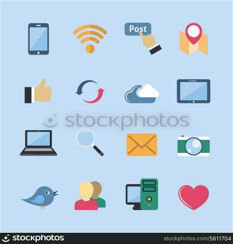 Decorative social media mobile global network symbols pictograms set with computer cloud tablet flat isolated vector illustration
