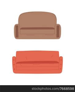 Decorative sofa vector, isolated set of furniture with different coloring and shape, home decor for living. Red and brown textile material stylish design. Sofa Made of Fluffy Fabric, Home Decor Vector