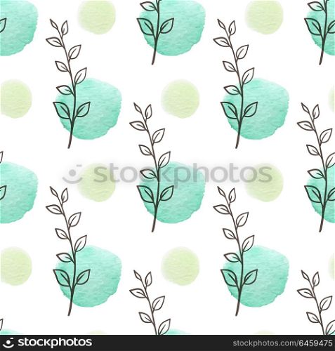 Decorative spring seamless pattern with green leaves and watercolor blots. Hand drawn vector illustration.