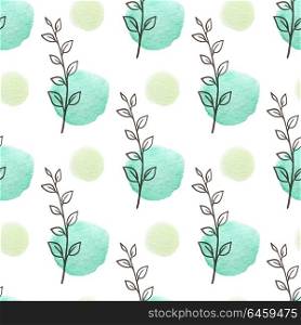 Decorative spring seamless pattern with green leaves and watercolor blots. Hand drawn vector illustration.