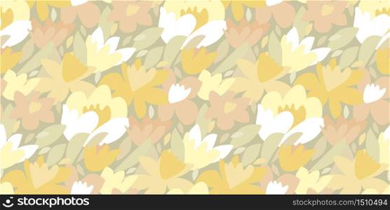 Decorative spring tulip and daffodil flower seamless pattern. Abstract loose shapes fresh floral vector tile rapport. Tileable pale color nature background.