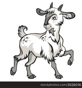 Decorative standing funny cartoon goat kid. Colorful vector illustration in black, white and grey colors isolated on white background.