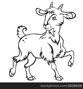 Decorative standing funny cartoon goat kid. Monochrome vector illustration in black color isolated on white background.