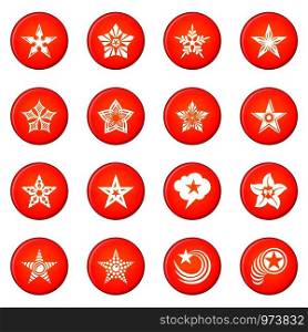 Decorative stars icons set vector red circle isolated on white background . Decorative stars icons set red vector