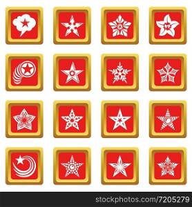 Decorative stars icons set vector red square isolated on white background . Decorative stars icons set red square vector