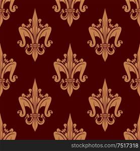 Decorative stylized fleur-de-lis pattern with delicate beige seamless ornament of french royal heraldic lilies over bright red background. May be use as vintage interior or wallpaper design. Bright red french fleur-de-lis seamless pattern