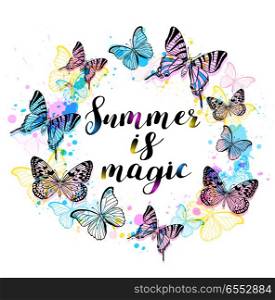 Decorative summer abstract vector background with butterflies. Summer is magic lettering.