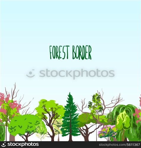 Decorative summer spring season forest border daylight deciduous shrubs and coniferous trees foliage abstract sketch vector illustration