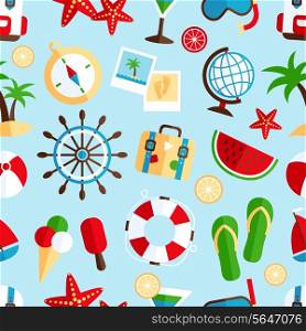 Decorative summer tropical vacation symbols of beach watermelon cocktail souvenir wrap paper seamless pattern abstract vector illustration