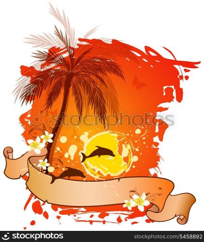 Decorative summer vector background with palms and dolphins