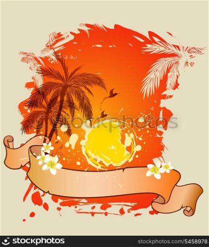 Decorative summer vector background with palms and sun