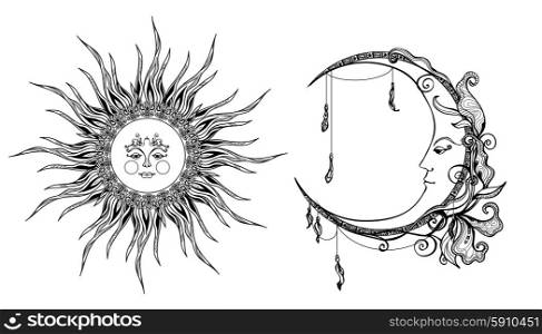 Decorative sun and moon with antropomorphic face hand drawn isolated vector illustration. Decorative Sun And Moon
