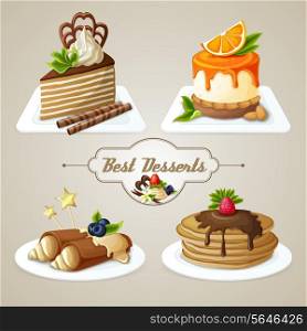 Decorative sweets best dessert set of crepes cheesecake layered cake with syrup vector illustration