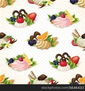 Decorative sweets dessert food seamless pattern with fruit nut and vanilla cream vector illustration