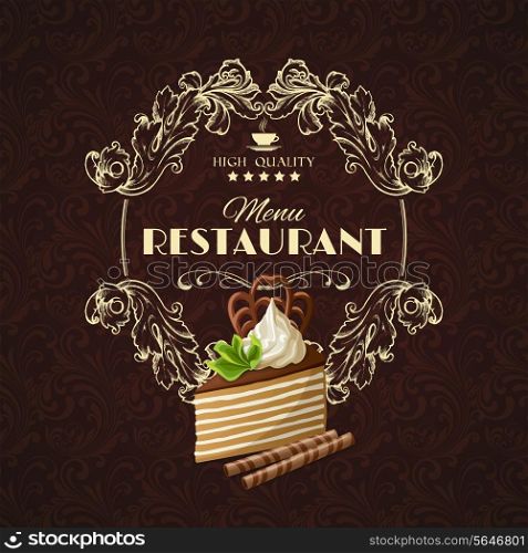 Decorative sweets dessert restaurant menu with layered chocolate cake vector illustration.