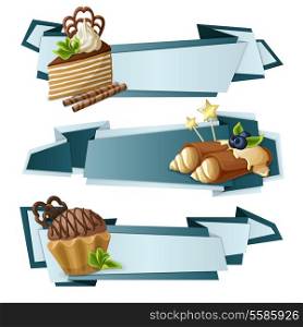 Decorative sweets food paper banners set with layered cake crepes chocolate muffin dessert isolated vector illustration