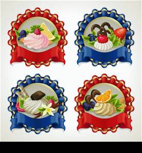Decorative sweets food ribbon banners set with fruits nuts cream and syrup vector illustration