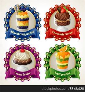 Decorative sweets ribbon banners set with blackberry parfait chocolate cream isolated vector illustration