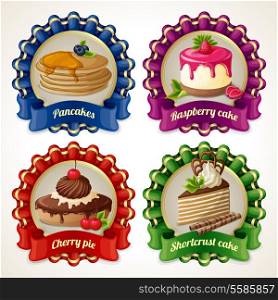 Decorative sweets ribbon banners set with pancakes cherry pie vector illustration