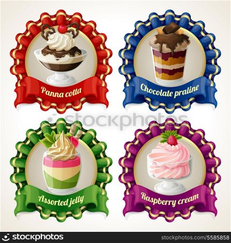 Decorative sweets ribbon banners set with panna cotta chocolate praline isolated vector illustration