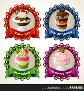 Decorative sweets ribbon banners set with panna cotta chocolate praline isolated vector illustration
