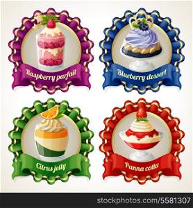 Decorative sweets ribbon banners set with raspberry parfait blueberry dessert isolated vector illustration