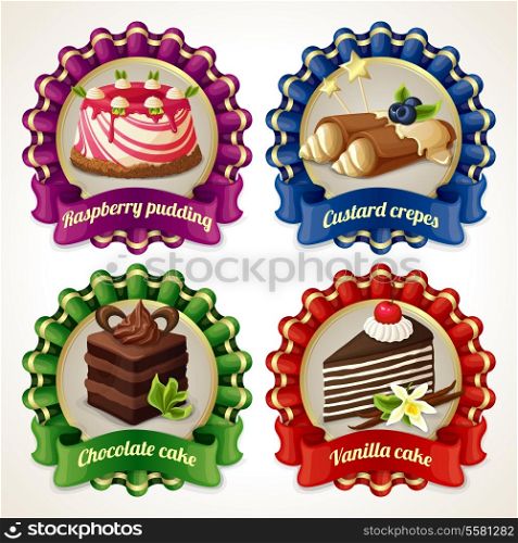 Decorative sweets ribbon banners set with raspberry pudding custard crepes isolated vector illustration