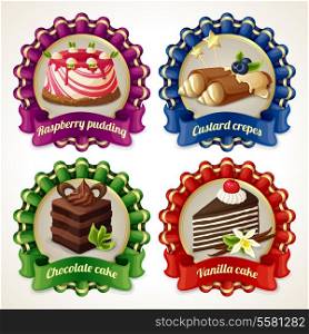 Decorative sweets ribbon banners set with raspberry pudding custard crepes isolated vector illustration