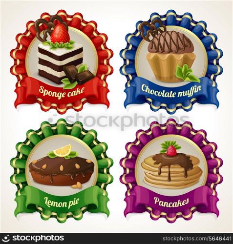 Decorative sweets ribbon banners set with sponge cake chocolate muffin isolated vector illustration