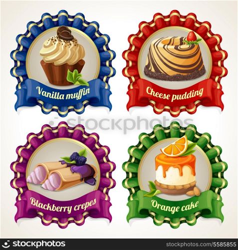 Decorative sweets ribbon banners set with vanilla muffin cheese pudding isolated vector illustration