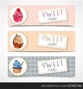 Decorative sweetshop confectionary tags labels set with traditional cupcakes design horizontal banners watercolor abstract vector isolated illustration. Sweetshop cupcakes banners set