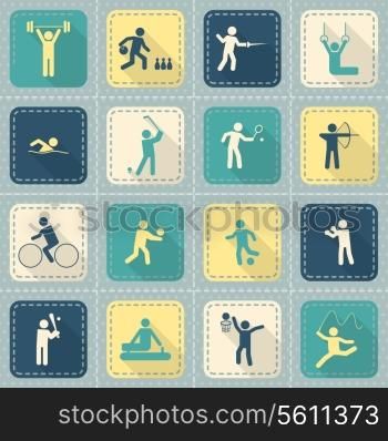 Decorative swimming boxing weightlifting rhythmic gymnastics sport symbols patch style icons set flat isolated vector illustration
