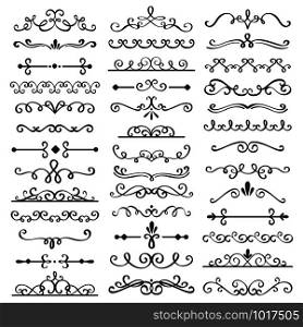 Decorative swirls dividers. Old text delimiter, calligraphic swirl border ornaments and vintage divider. Ornament swirls calligraphy victorian flourishes lines vector isolated icons set. Decorative swirls dividers. Old text delimiter, calligraphic swirl border ornaments and vintage divider vector set