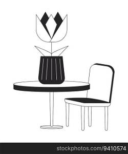Decorative table and chair flat monochrome isolated vector object. Beautiful houseplant on board. Editable black and white line art drawing. Simple outline spot illustration for web graphic design. Decorative table and chair flat monochrome isolated vector object