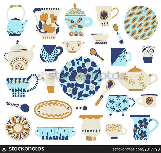 Decorative tableware. Cute crockery rustic style, hand drawn cookware blue and white colors, ceramic patterned kitchen pottery, porcelain ornamental plates and bowls, cups. Vector cartoon isolated set. Decorative tableware. Cute crockery rustic style, hand drawn cookware blue and white colors, ceramic patterned kitchen pottery, porcelain ornamental plates. Vector cartoon isolated set