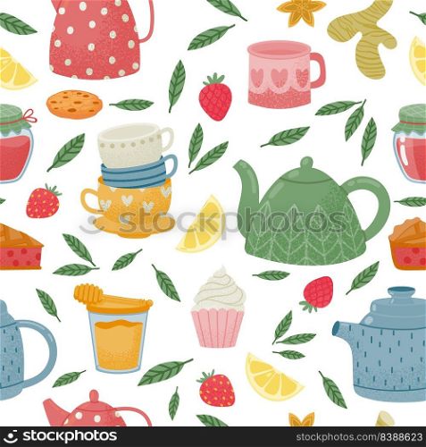 Decorative tea time seamless pattern with teapot and cup. Vector tea pattern breakfast, kitchen cup background decorative seamless illustration. Decorative tea time seamless pattern with teapot and cup