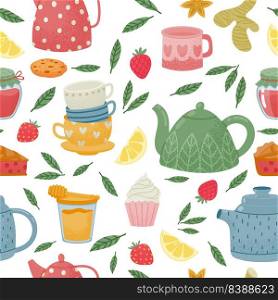 Decorative tea time seamless pattern with teapot and cup. Vector tea pattern breakfast, kitchen cup background decorative seamless illustration. Decorative tea time seamless pattern with teapot and cup