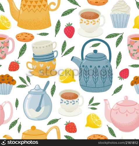 Decorative tea time seamless pattern with teapots, cups and sweets. Morning drink, english breakfast print. Kitchen wallpaper vector design. Hot beverage with biscuits, cupcakes and lemon. Decorative tea time seamless pattern with teapots, cups and sweets. Morning drink, english breakfast print. Kitchen wallpaper vector design